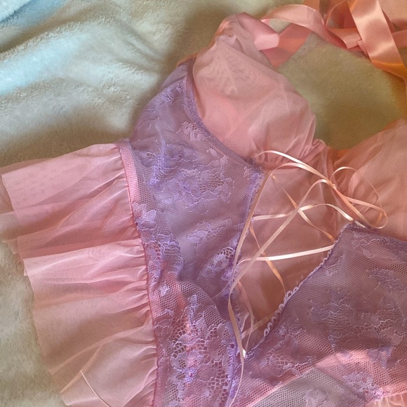 Colorblock Lace Panel Tie Front Naughty Mesh Bodysuit NWOT - Picture 7 of 8